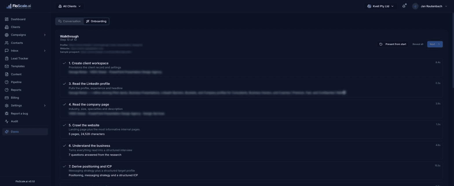 FloScale onboarding running step by step, each step ticked off with its completion time